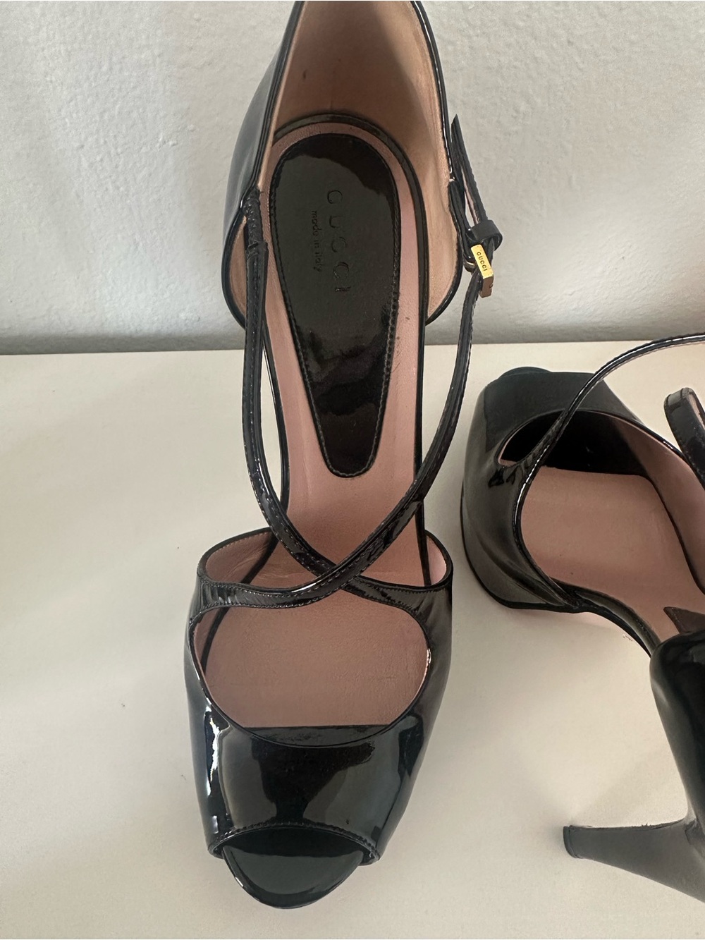 Gucci Black Patent Peep-Toe Platform Heels with Crisscross Strap - Picture 8 of 9